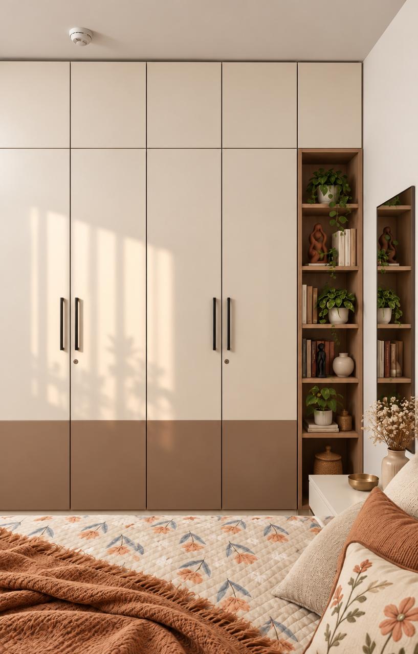 Wide view of modern wardrobe with open side shelving